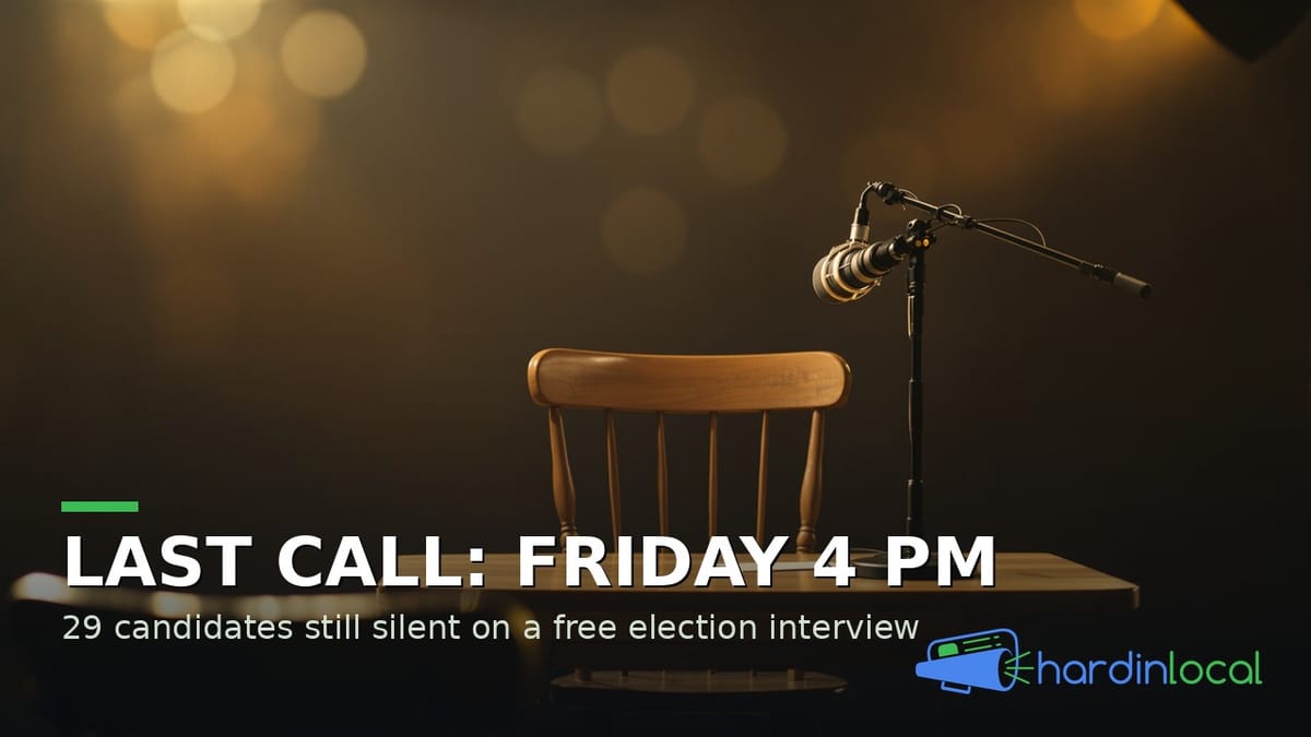 Empty interview chair with a microphone pointed at it. Last call: candidate interview registration closes Friday at 4 PM.